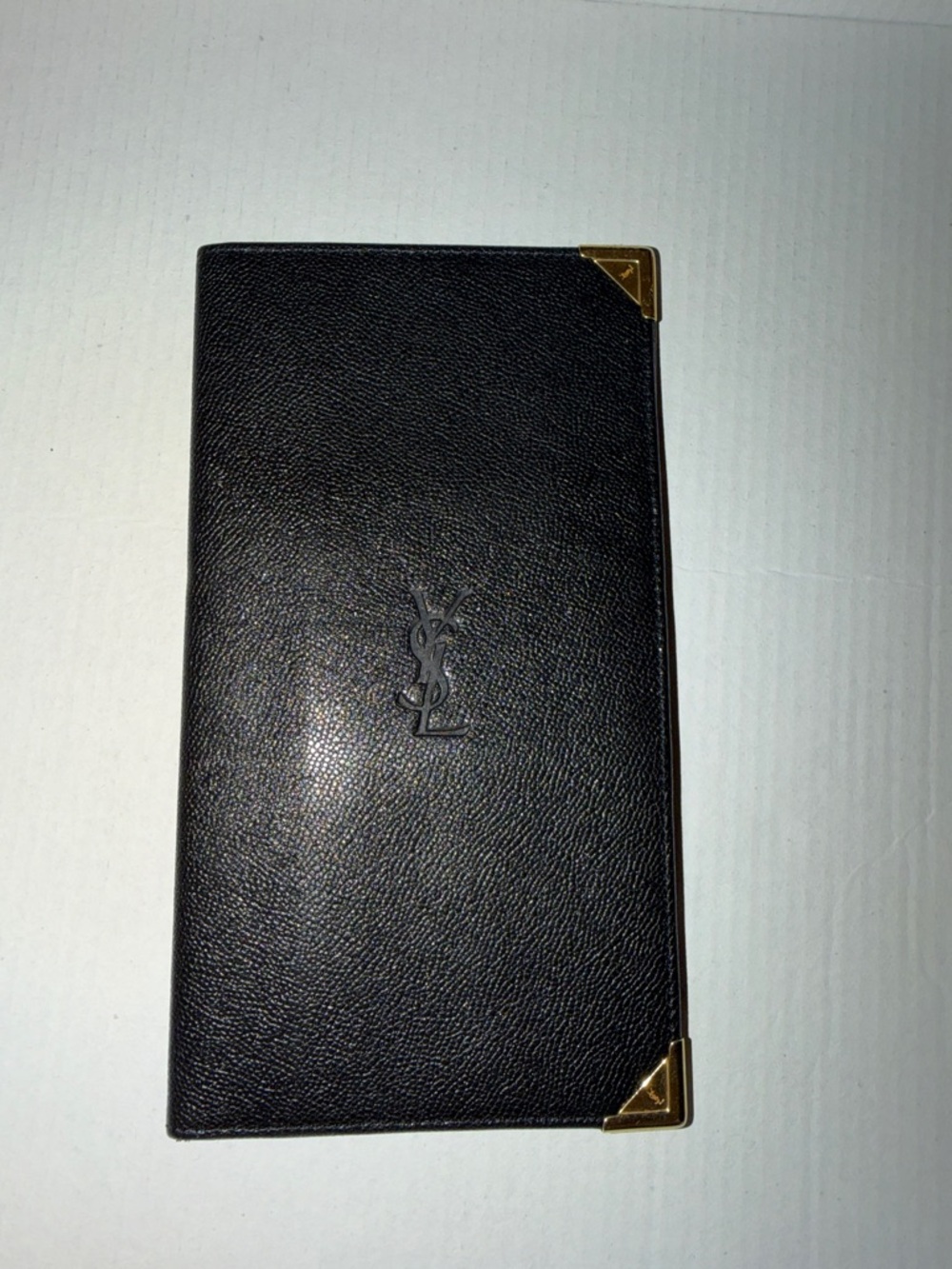 Yves Saint Laurent Black Leather Card & Key Holder with Gold Corner Accents